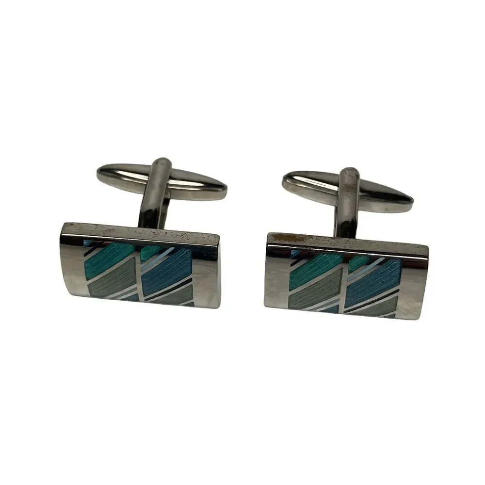 Cuff Links Silvertone Rectangular Inlaid Blue Green Stripes